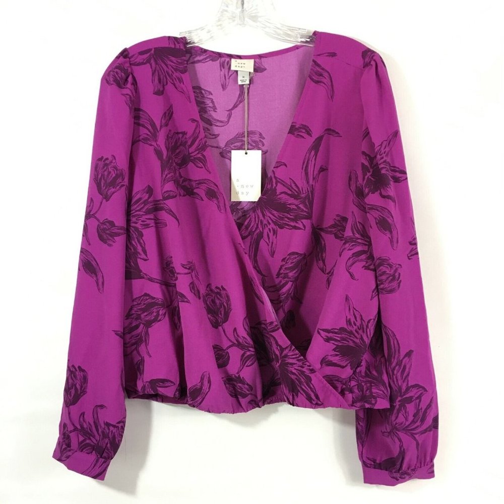 A New Day Womens Wrap Top Small Long Sleeve Purple Floral